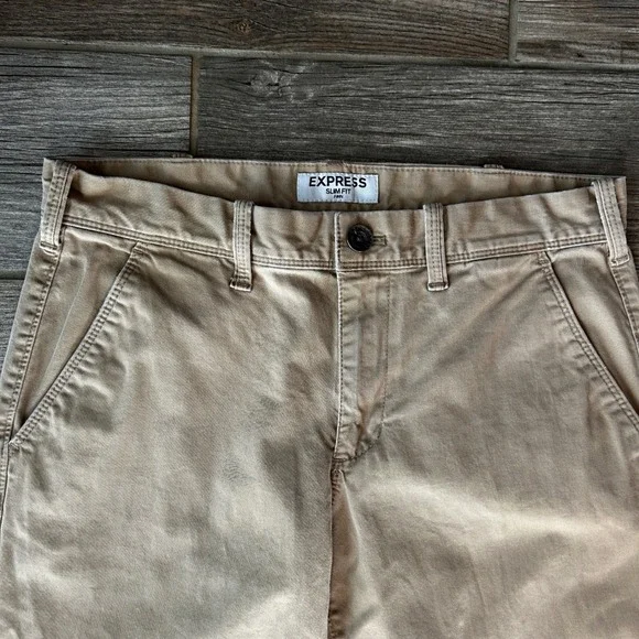 Express Mens Slim Fit Finn Chino Pants Tan Khaki Size 30 30 Casual Office - Picture 2 of 5